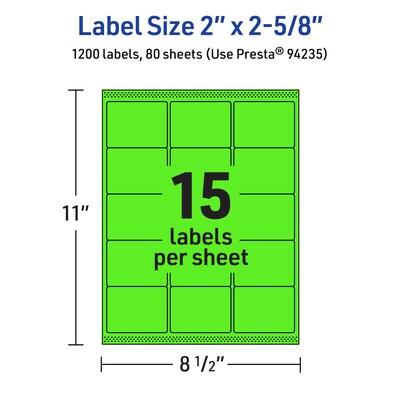 Avery Laser/Inkjet Multipurpose Rectangle Labels, 2" x 2-5/8", Neon Green, 1200/Box (94235)