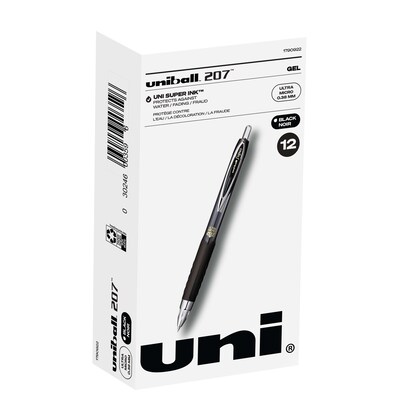 uniball 207 Retractable Gel Pens, Ultra Micro Point, 0.38mm, Black Ink, Dozen (1790922)