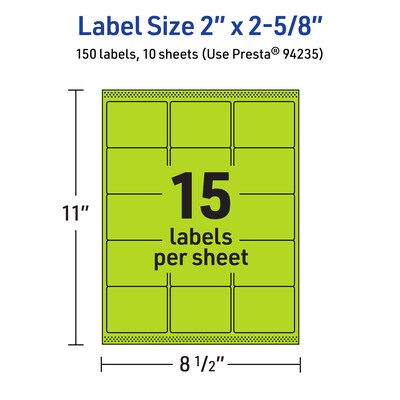 Avery Laser/Inkjet Multipurpose Rectangle Labels, 2" x 2-5/8", Bright Green, 150/Pack (94235)