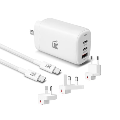LAX USB PD 65W Wall Charger with 2 USB-C, 1 USB-A and Travel Pouch, White (PD65INT)