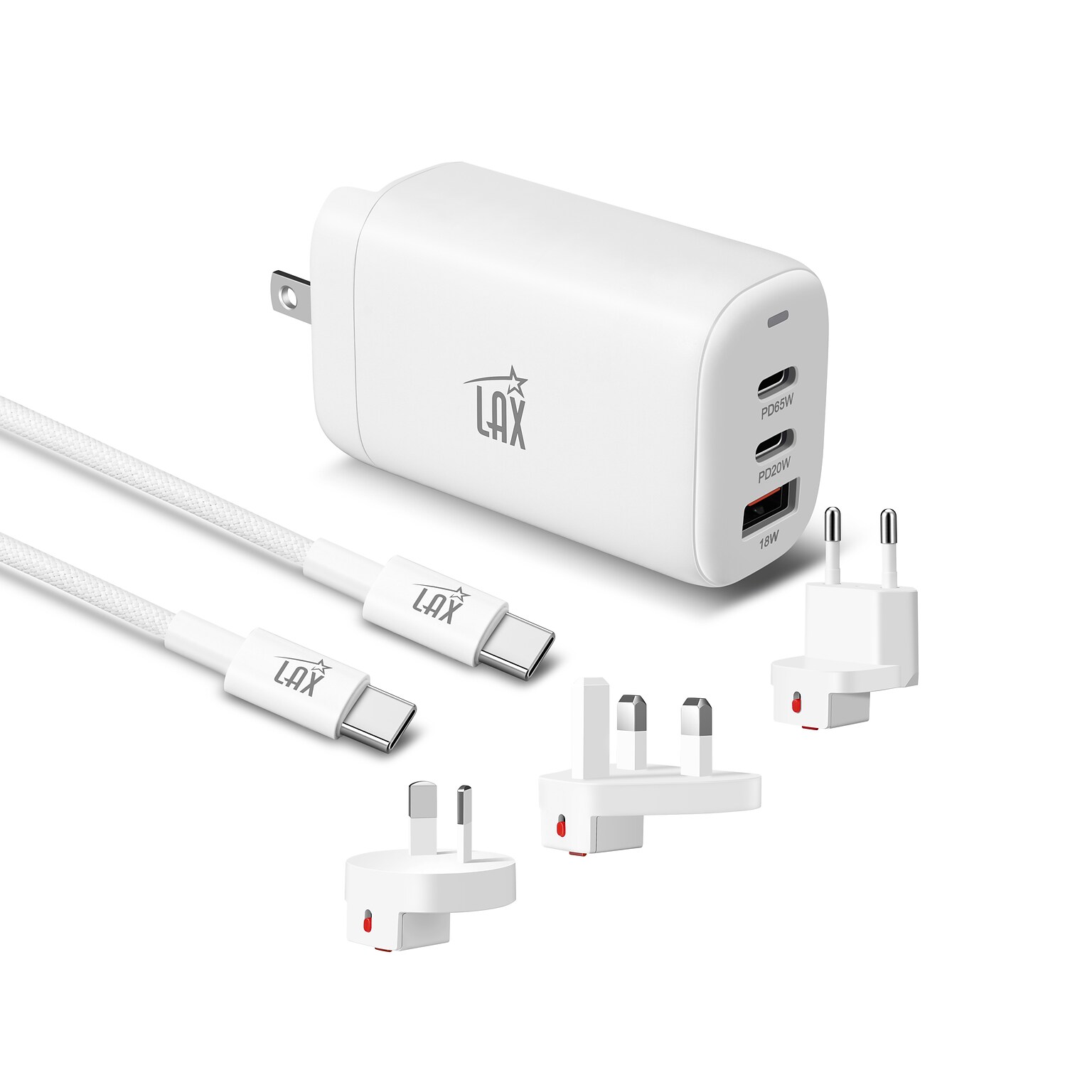 LAX USB PD 65W Wall Charger with 2 USB-C, 1 USB-A and Travel Pouch, White (PD65INT)