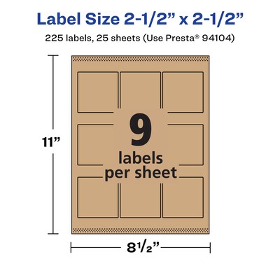 Avery Square Labels, 2.5" x 2.5", Kraft Brown, 225 Labels/Pack (94104)