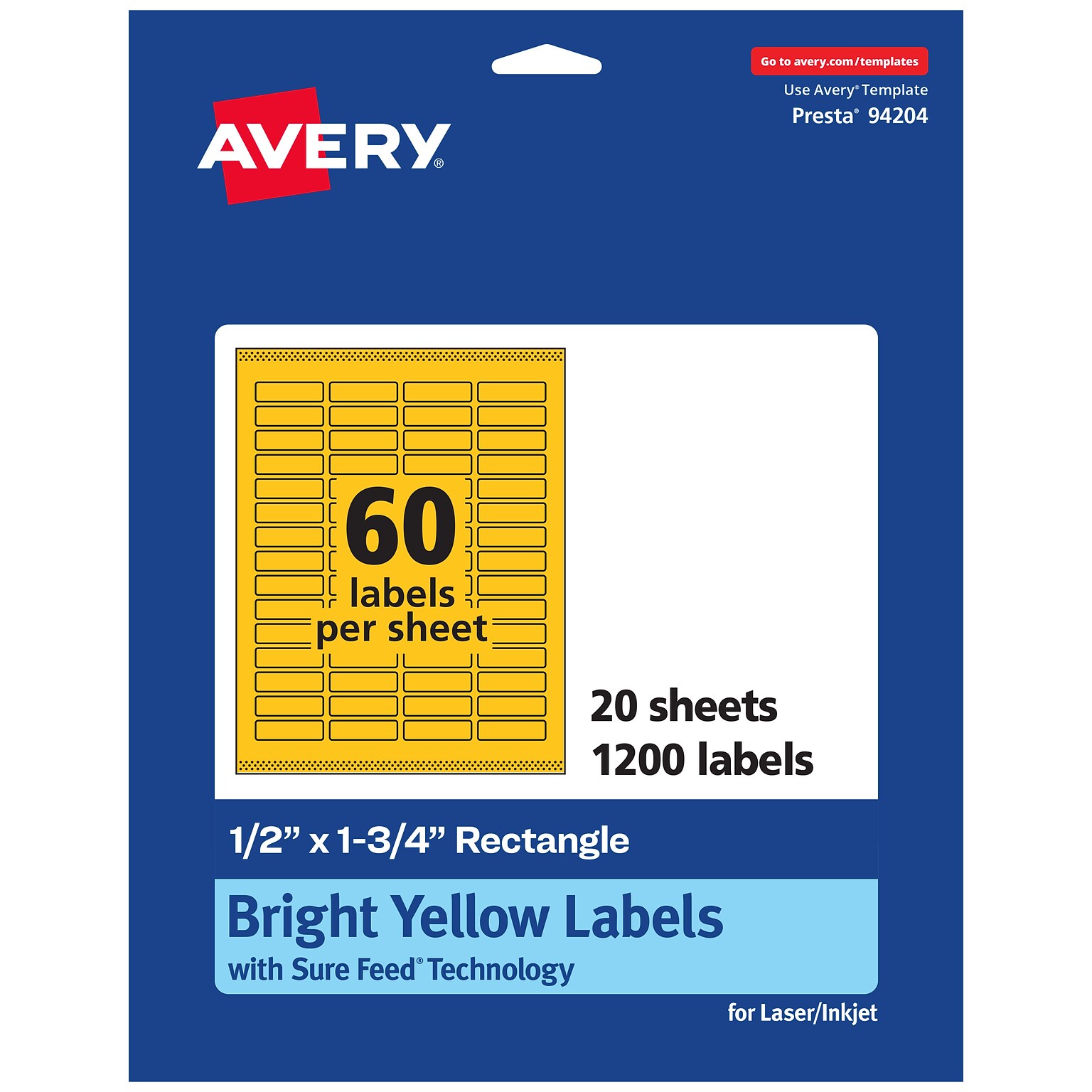 Avery Laser/Inkjet Rectangle Multipurpose Labels, 0.5 x 1.75, Bright Yellow, 1200/Pack (94204)