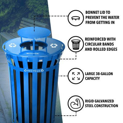 Alpine Industries Metal Commercial Outdoor Recycling Receptacle with Rain Bonnet Lid, 38 Gallon, Black/Blue (479-38-1-BLU)