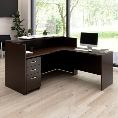Bush Business Furniture Arrive 72"W L Shaped Reception Desk with Counter and Mobile File Cabinet, Mocha Cherry (ARV010MR)