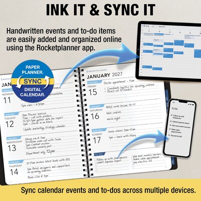 2027 Rocketbook Rocketplanner 9" x 11" Calendar Year Weekly & Monthly Planner, Plastic Cover (RKPL-CY27-8-BK)