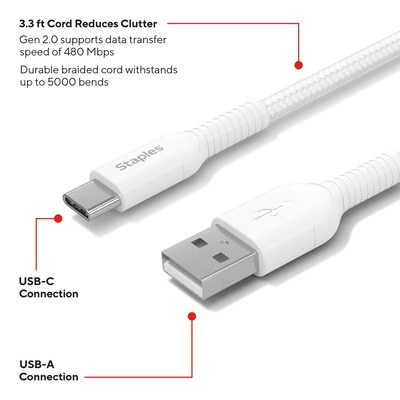 Staples TECH USB-C to USB-A Charging Cable, 3.3 ft., 480 Mbps, White (ST62337)