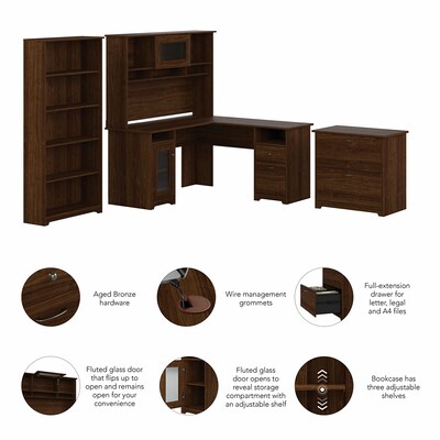 Bush Furniture Cabot 60"W L Shaped Computer Desk with Hutch, File Cabinet and Bookcase, Modern Walnut (CAB010MW)