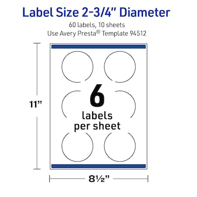 Avery Round Laser Multipurpose Labels, 2.75" Dia., White, 60/Pack (19479399444)
