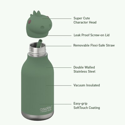 ASOBU Bestie Bottle Dinosaur Vacuum Insulated Stainless Steel Water Bottle with Reusable Flexi Straw, 16 oz., Green (SBV44DI)