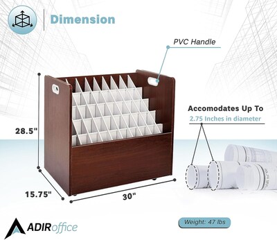AdirOffice 50-Slot Mobile Roll File, 28.5"H x 30"W x 15.75"D, Mahogany, 2/Pack (626-MA-2PK)