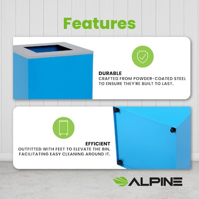 Alpine Industries Steel Recycling and Trash Can Set with Square and Mixed Lid, 29 Gallon, Black/Blue, 2/Pack (ALP4450-BLK-KIT4)