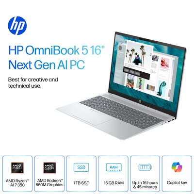 HP OmniBook 5 16 2K Laptop, CoPilot+ PC, AMD Ryzen AI 7 350, 16GB RAM, 1TB SSD, +16.75 hour battery