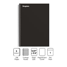 Staples Premium 3-Subject Notebook, 5.88 x 9.5, College Ruled, 138 Sheets, Black (TR58351)