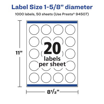 Avery Laser/Inkjet Multipurpose Circle Labels, 1.625" Dia, Glossy Clear, 1000/Box (94507)