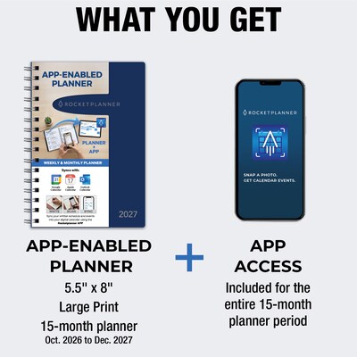 2027 Rocketbook Rocketplanner 6" x 8" Calendar Year Weekly & Monthly Planner, Plastic Cover (RKPL-CY27-5-NV)