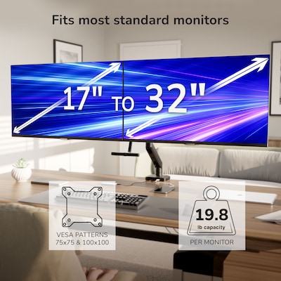 Mount-It! Dual Monitor Gas Spring Desk Mount with Crossbar For Screens Up to 32", Holds 19.8 lbs Per Arm, Black (MI-12002)