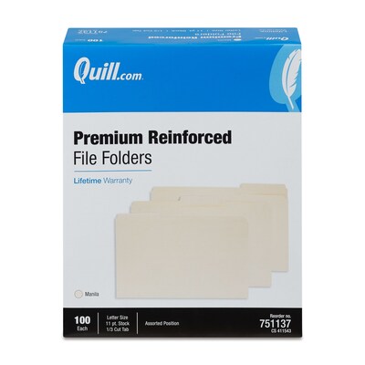 Quill Brand® Premium Reinforced File Folders, Assorted Tabs, 1/3-Cut, Letter Size, Manila, 100/Box (751137)