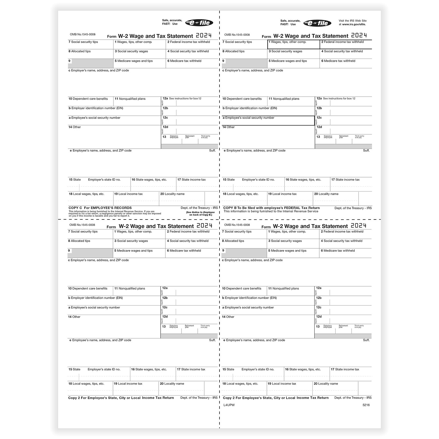 ComplyRight 2024 W-2 Tax Form, 1-Part, 4-Up, 50/Pack (521650)