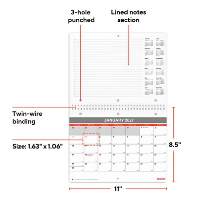 2027 Staples 11 x 8.5 Monthly Wall Calendar, White/Red/Gray (ST53915-27)