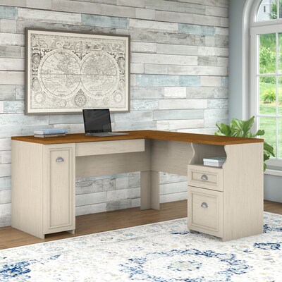 Bush Furniture Fairview 60"W L Shaped Desk with Drawers and Storage Cabinet, Antique White/Tea Maple (WC53230-03K)