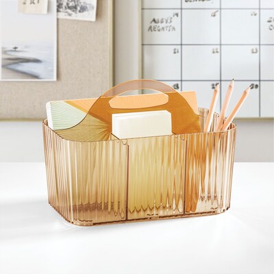 mDesign 4-Section Plastic Desktop Caddy Organizer with Handle, Plastic, Sand (26053)
