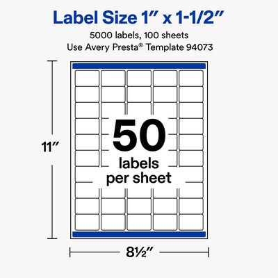 Avery Rectangle Laser/Inkjet Multipurpose Labels, White, 50 Labels/Sheet, 100 Sheets/Pack (19479311218)