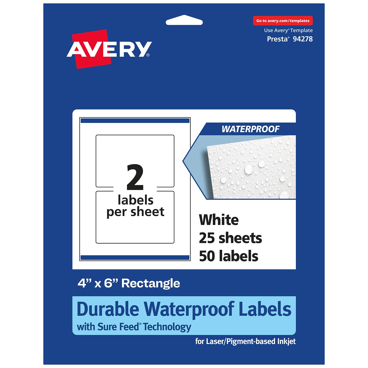 Avery Laser/Inkjet Rectangle Multipurpose Labels, 4 x 6, White, 50 Labels/Pack  (94278)
