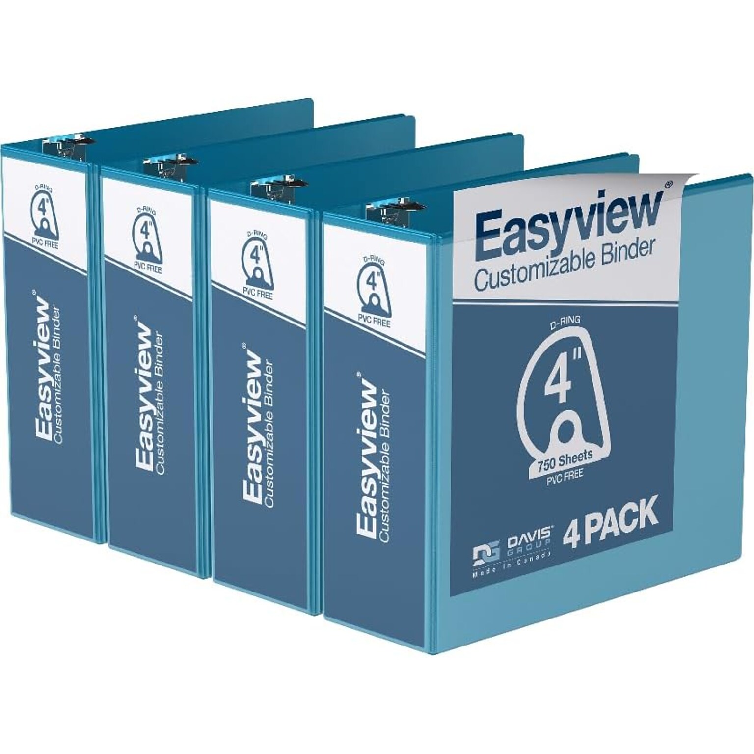 Davis Group Easyview Premium 4 Angle D Ring, Customizable, View Binder, Turquoise Blue, 4/Pack (8406-52)