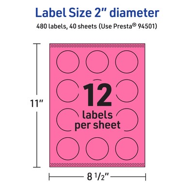 Avery Laser/Inkjet Round Multipurpose Labels, 2" Dia., Bright Pink, 480/Pack (94501)