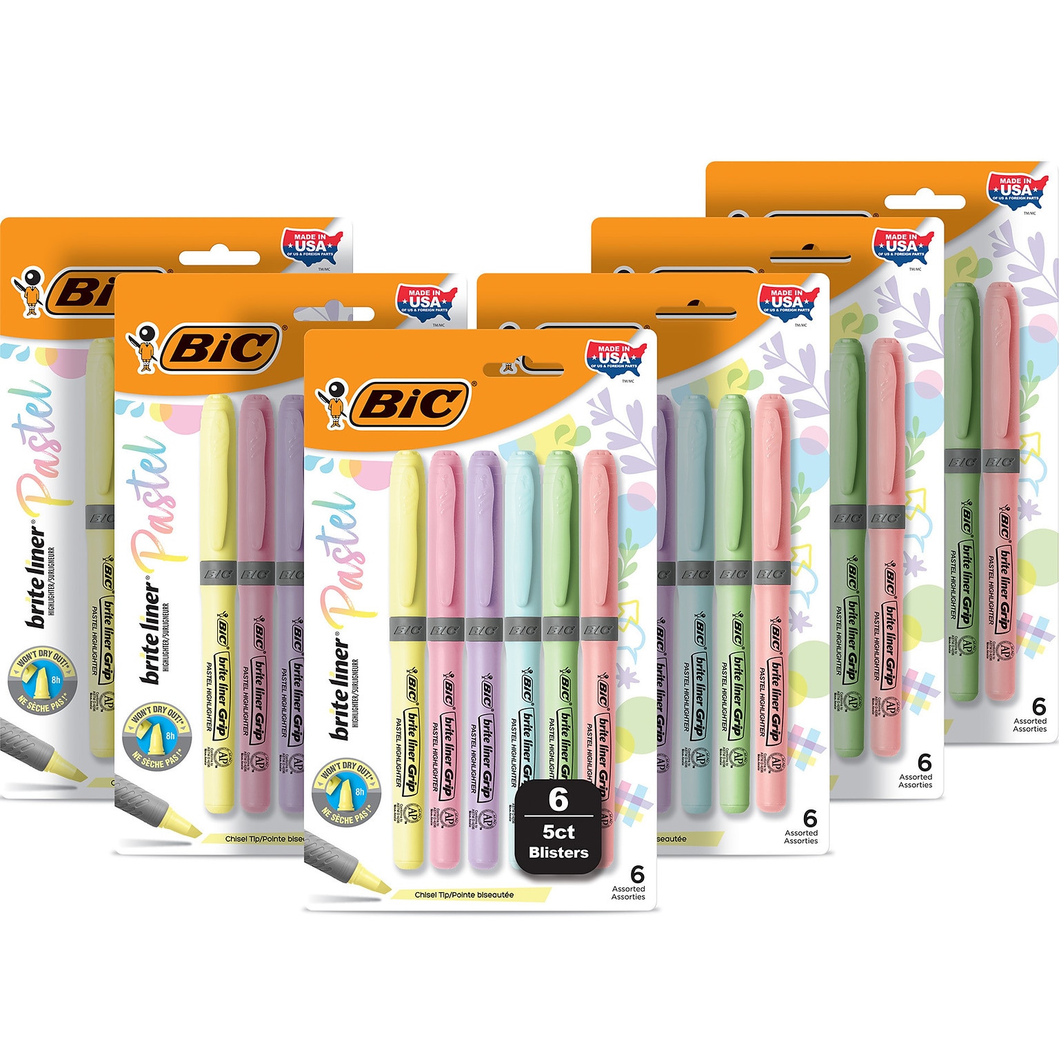 BIC Brite Liner Grip Highlighters, Chisel Tip, Assorted Colors, 6/Set, 6 Sets/Pack (GBLD36E-AST)