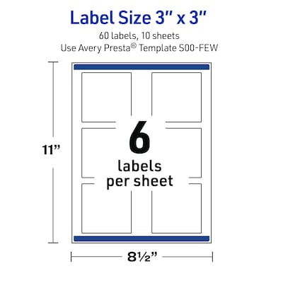 Avery Square Multipurpose Labels, 3" x 3", White, 60/Pack (19479370519)