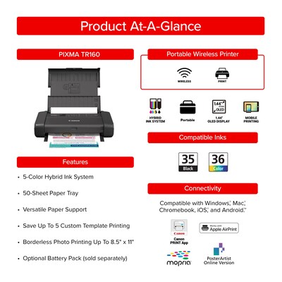Canon PIXMA TR160 Wireless Color Portable Print Only Inkjet Printer, Best for Home Office (7069C002[
