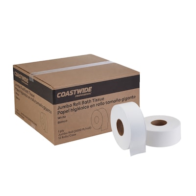 Coastwide Professional Jumbo Toilet Paper, 1-ply, White, 2000 ft./Roll, 12 Rolls/Carton