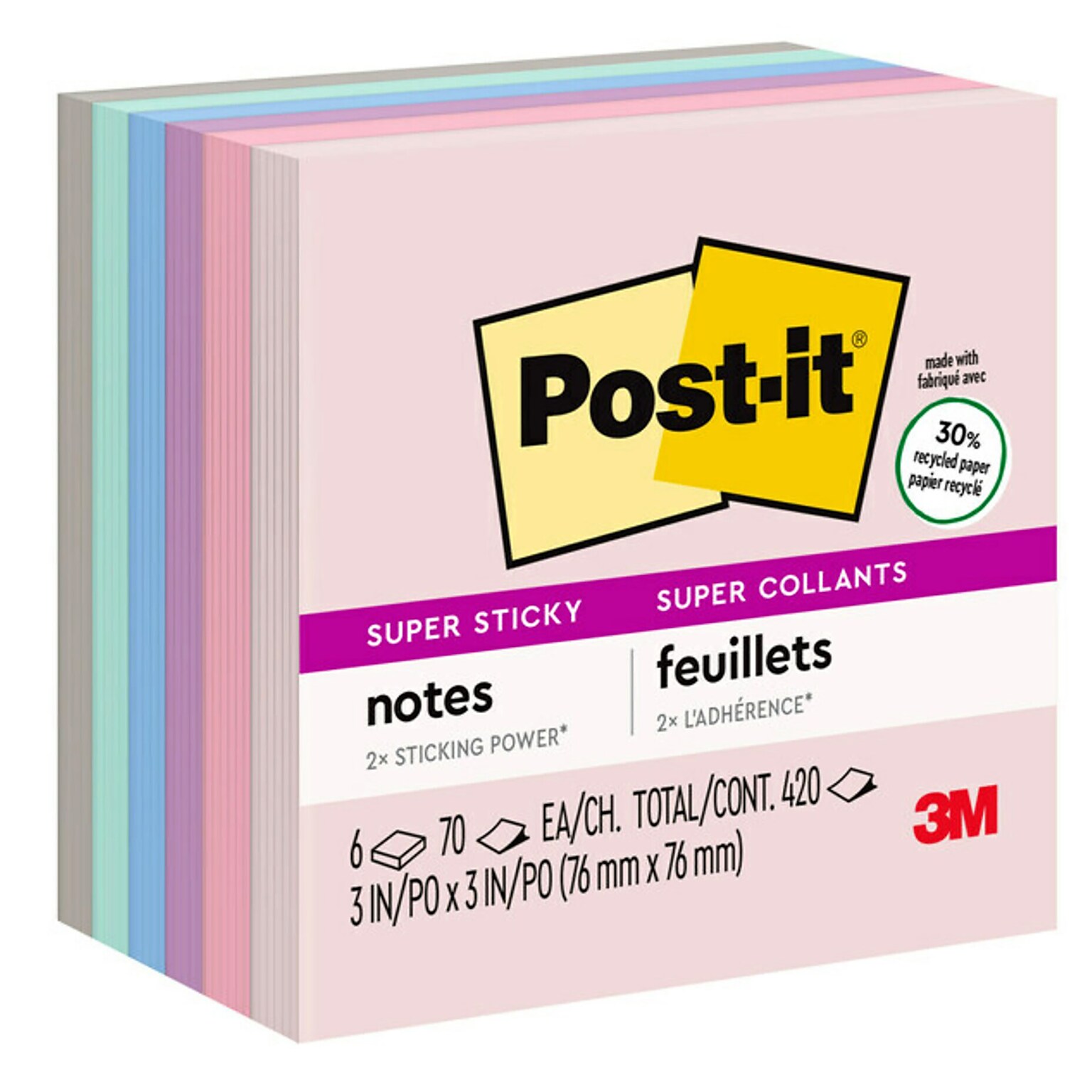 Post-it Recycled Super Sticky Notes, Wanderlust Pastels Collection, 3 x 3,  70 Sheets/Pad, 6 Pads/Pack (654-6SSNRP)