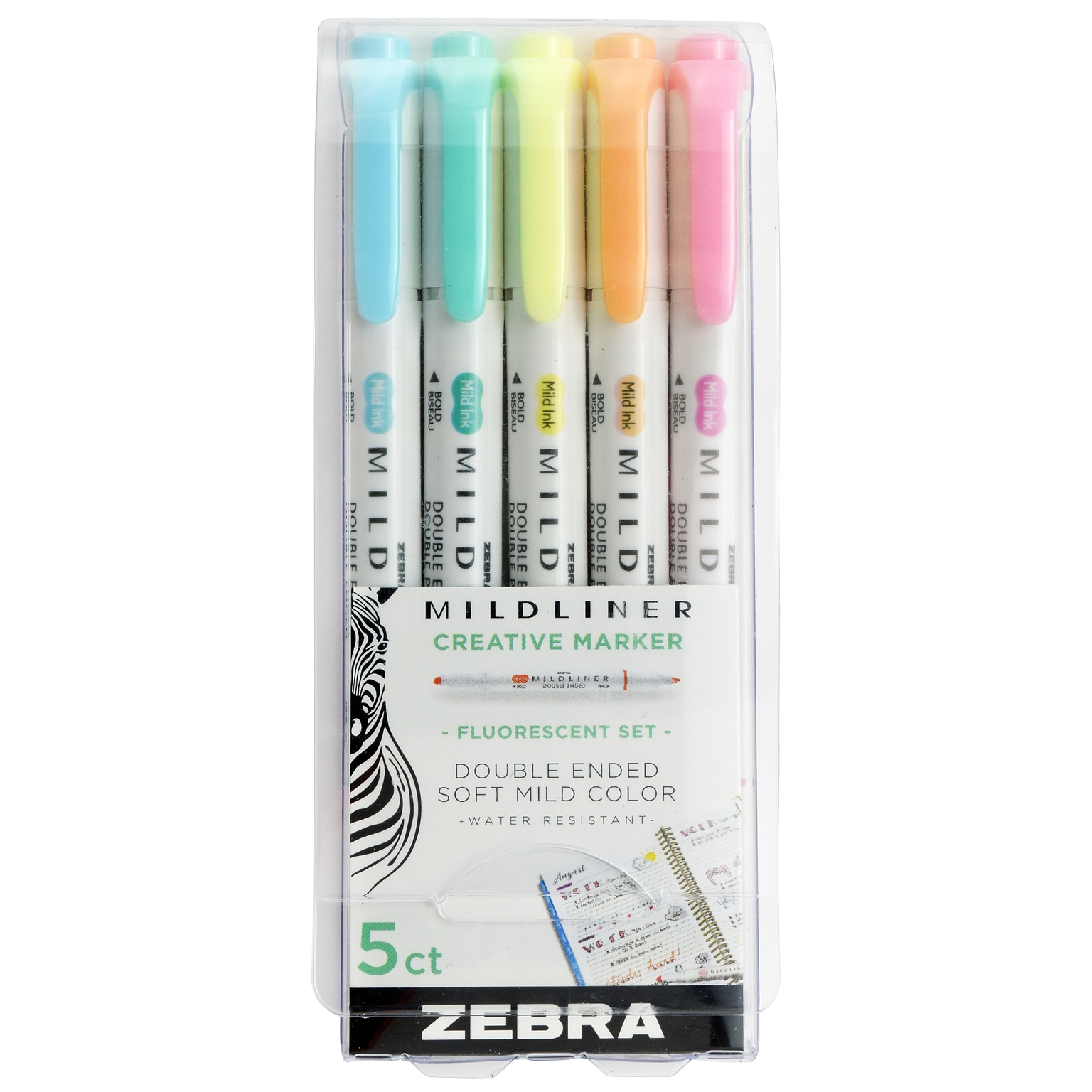 Zebra Mildliner Twin Tip Highlighters, Bullet/Chisel Tip, Fluorescent Assorted, 5/Pack (78105)