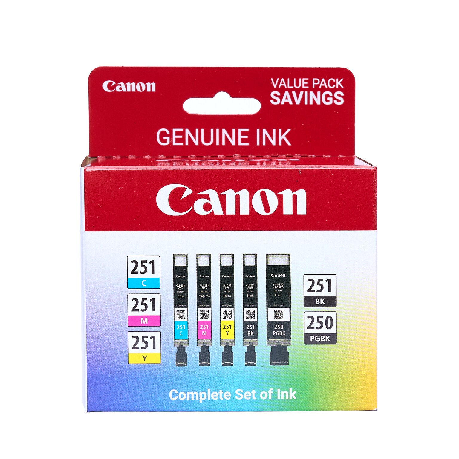 Canon PGI-250/CLI-251 Black/Photo Black/Cyan/Magenta/Yellow Standard Yield Ink Cartridge, 5/Pack (6497B013)