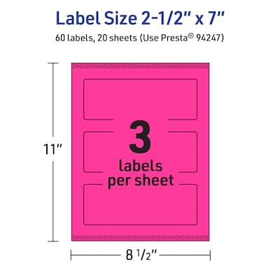Avery Rectangle Laser/Inkjet Multipurpose Labels, 2.5" x 7", Neon Magenta (60/Pack)