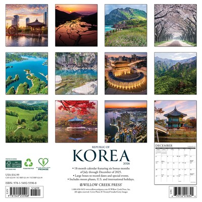 2026 Willow Creek Republic of Korea 12 x 12 Monthly Wall Calendar (55908)