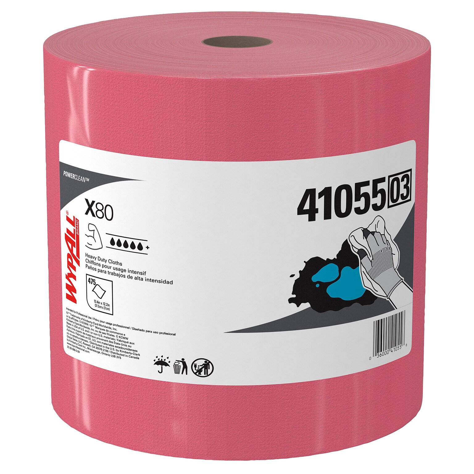 WypAll PowerClean X80 Cloth Cleaning Wipers, 16.8 x 12.5, Red, 475 Sheets/Roll (41055)