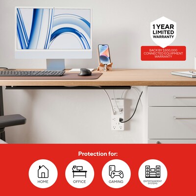 Staples TECH 8-Outlet 2-USB Port Surge Protector, 6', 2100 Joules, White (ST62775)