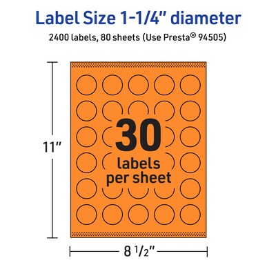 Avery Laser/Inkjet Multipurpose Circle Labels, 1.25" Dia., Bright Orange, 2400/Box (94505)