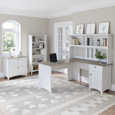 Bush Furniture Salinas 60 L-Shaped Desk with Hutch, File Cabinet and 5-Shelf Bookcase, Shiplap Gray