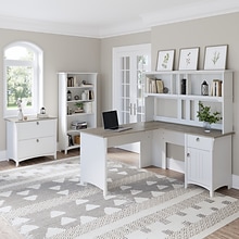 Bush Furniture Salinas 60 L-Shaped Desk with Hutch, File Cabinet and 5-Shelf Bookcase, Shiplap Gray