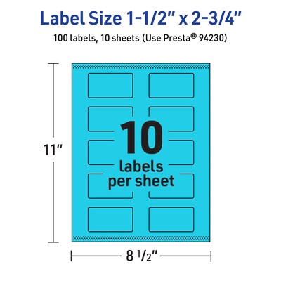 Avery Laser/Inkjet Multipurpose Rectangle Labels, 1.5" x 2.75", Bright Blue, 100/Pack (94230)
