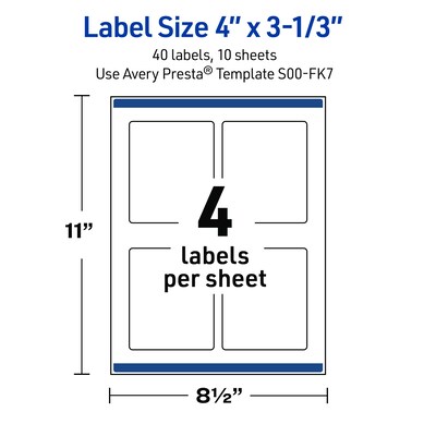 Avery Rectangle Multipurpose Labels, 4" x 3-1/3", White, 40/Pack (19479370599)