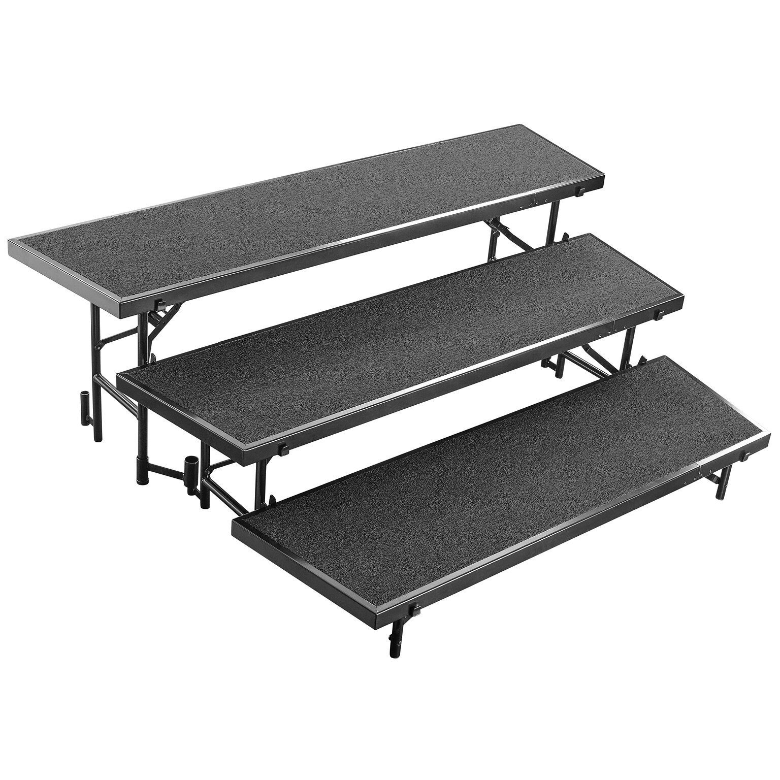 NPS 3-Level Tapered Standing Choral Riser, 54W x 60”-72”L x 24H, Black Carpet (RT3LC10)