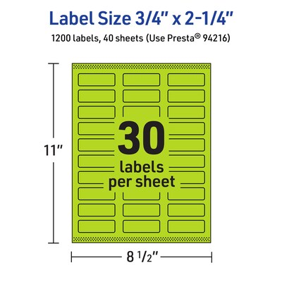 Avery Rectangle Multipurpose Labels, 0.75" x 2.25", Bright Green, 1200/Pack (94216)