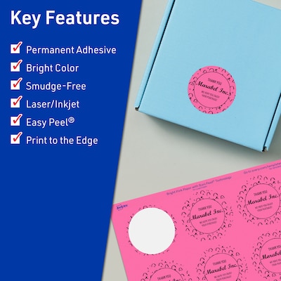 Avery Round Laser/Inkjet Multipurpose Labels, 1-2/3 Dia, Bright Pink (1600/Box)