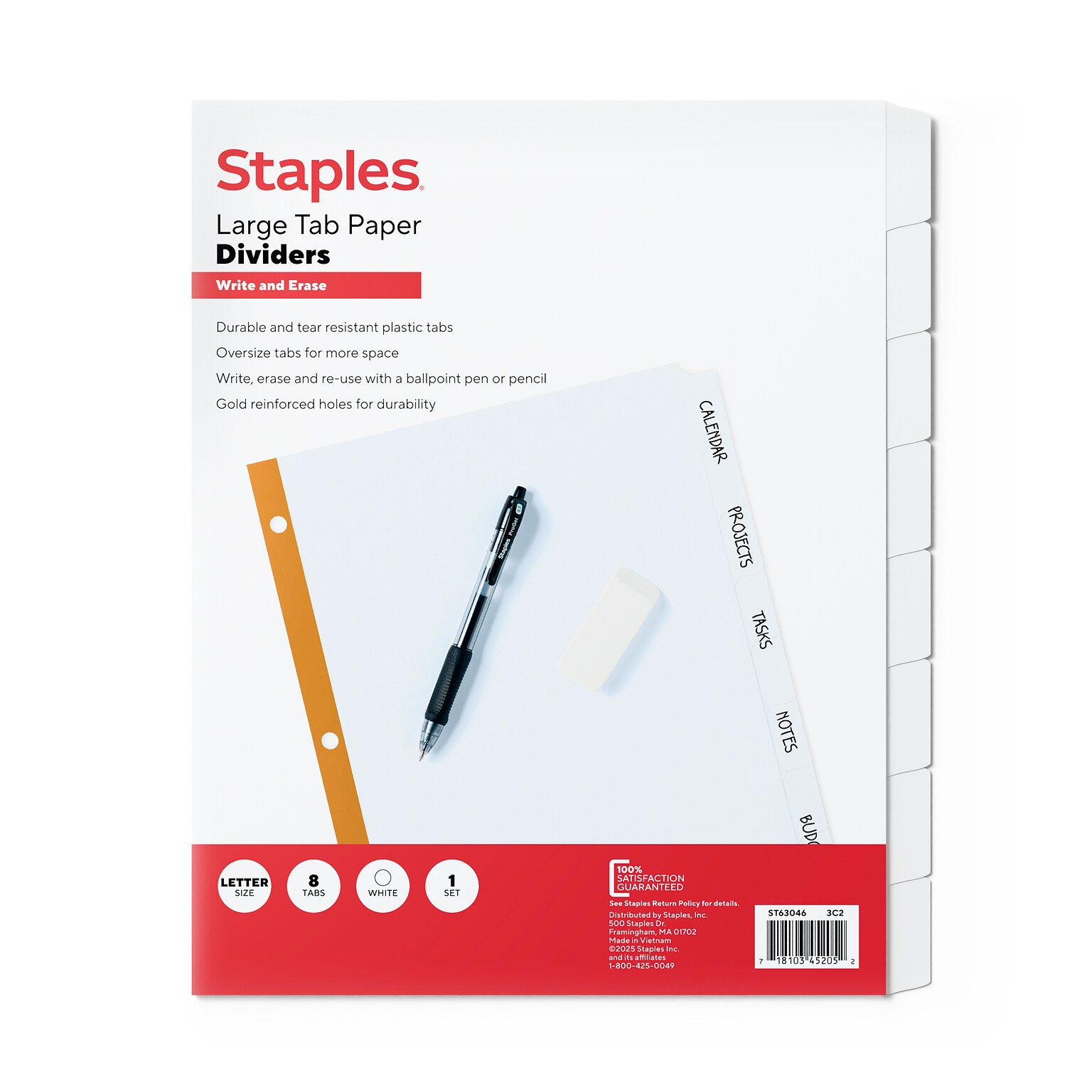 Staples Large Tab Write & Erase Paper Dividers, White, 8-Tabs (ST63046)